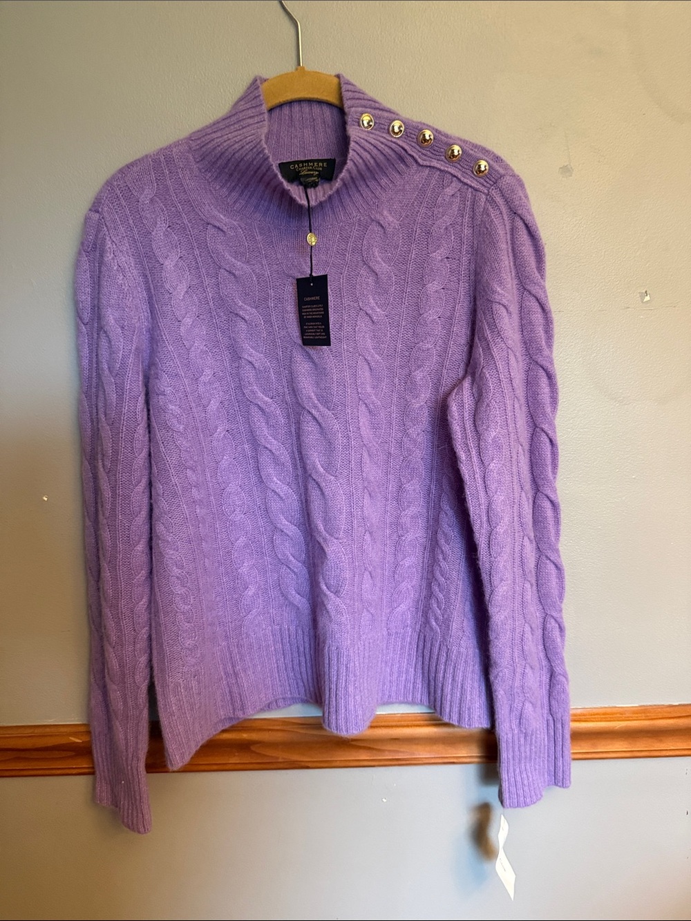 NWT Charter Club Luxury 100% Cashmere Button-Shoulder Cable Knit Sweater Large